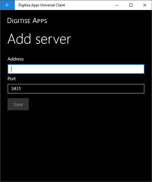 Picture showing Add server screen in Windows Universal Client.